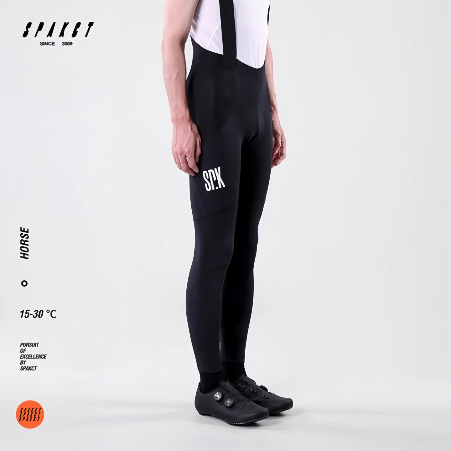 Front side view of Spakct Horse men's road bike bib tights showing ergonomic 3D fit and compression leg panels.