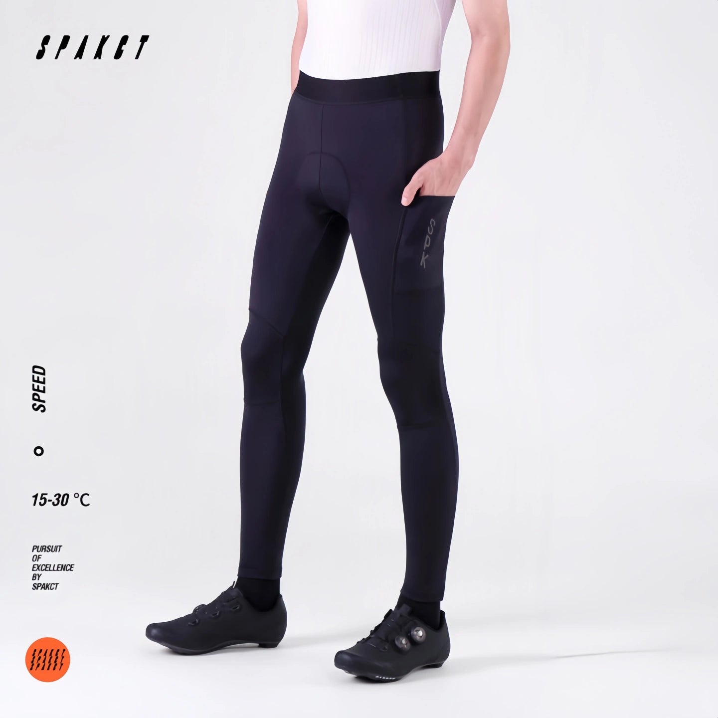Spakct Speed men's cycling tights with side cargo pocket, black strapless road bike padded pants for mild weather.