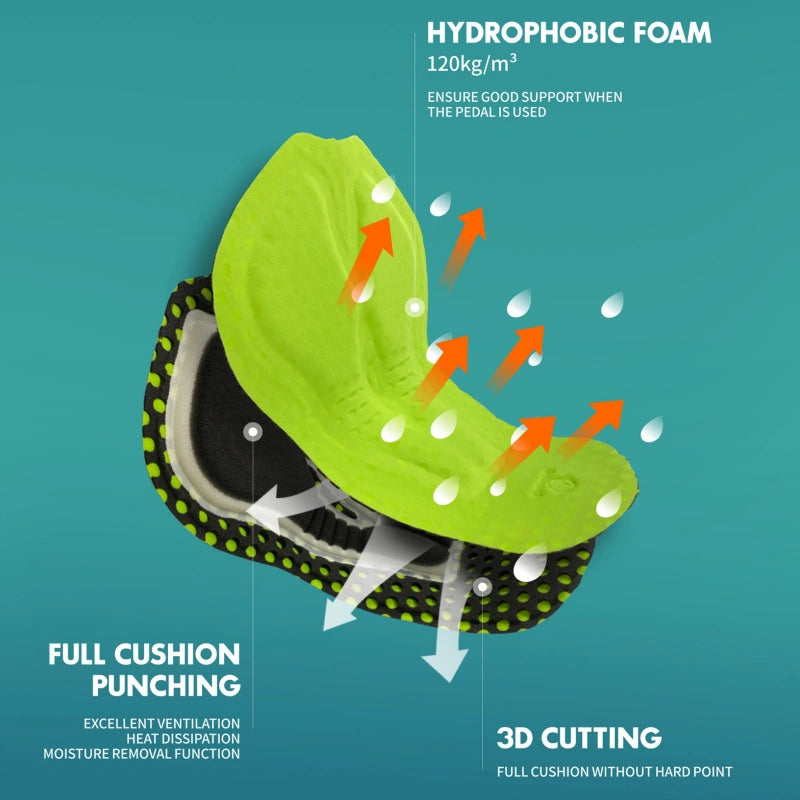 Technical infographic of Spakct 3D padded chamois cushion with hydrophobic foam for women's cycling bib shorts.
