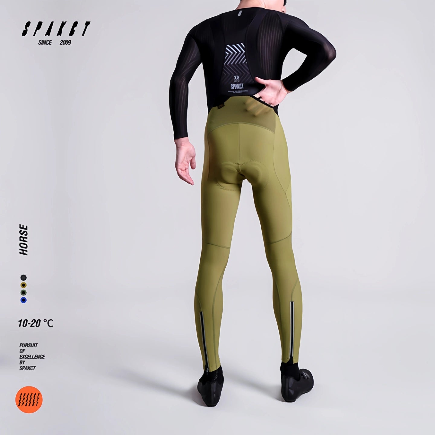 Full back view of Spakct Horse avocado green winter bike bib tights, showing reflective graphics and rear alignment.