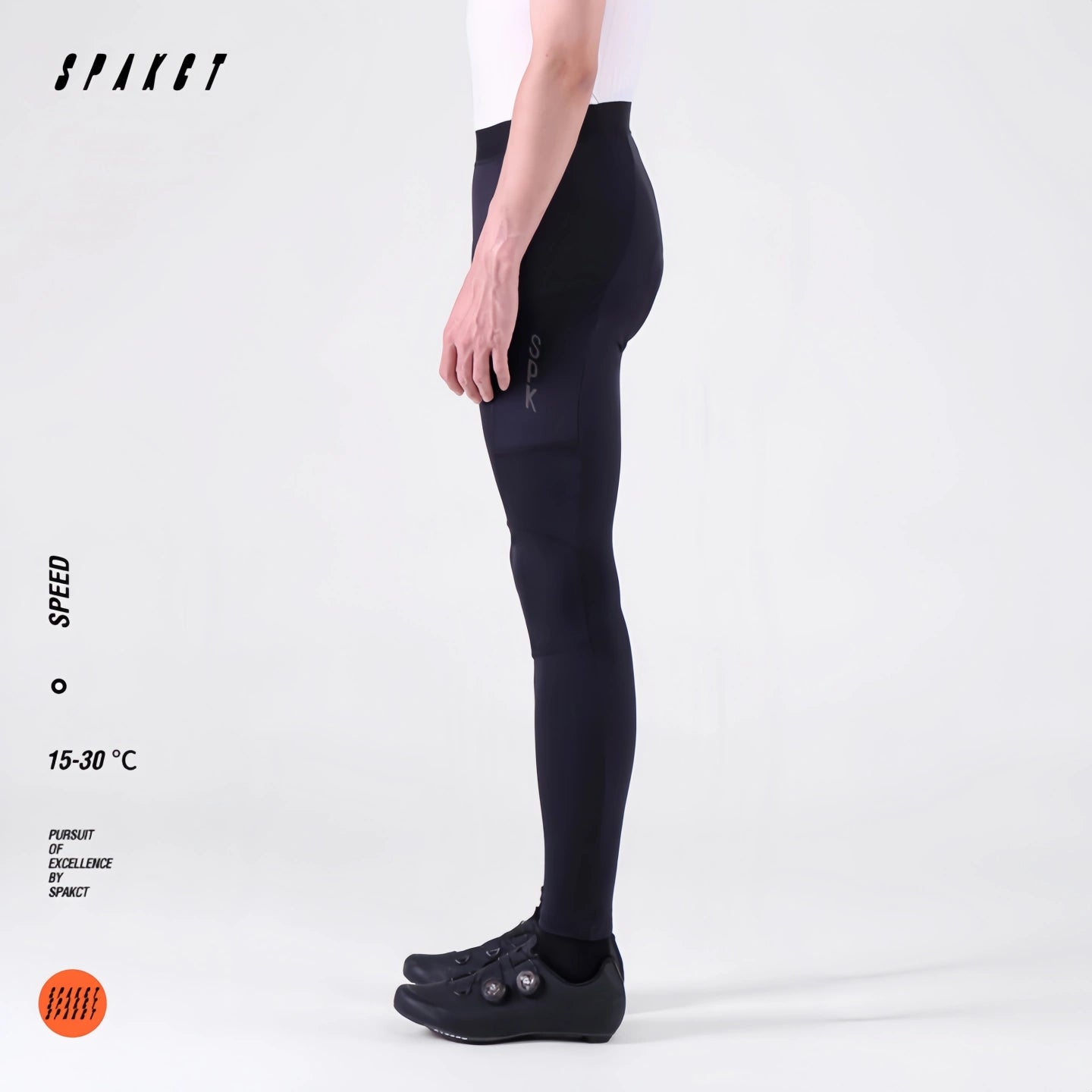 Profile view of Spakct Speed men's cycling tights, highlighting the low-profile flat waistband and leg profile.