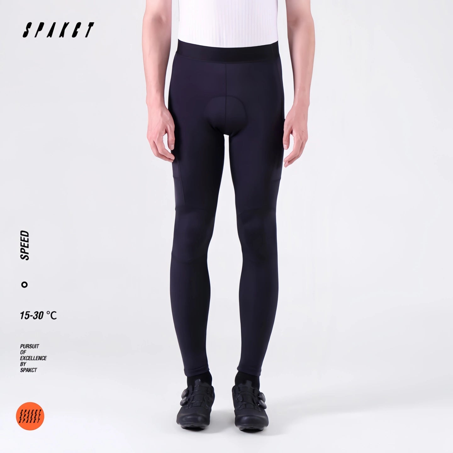 Full length front perspective of Spakct Speed black road bike tights for men, aero fit strapless cycling pants.