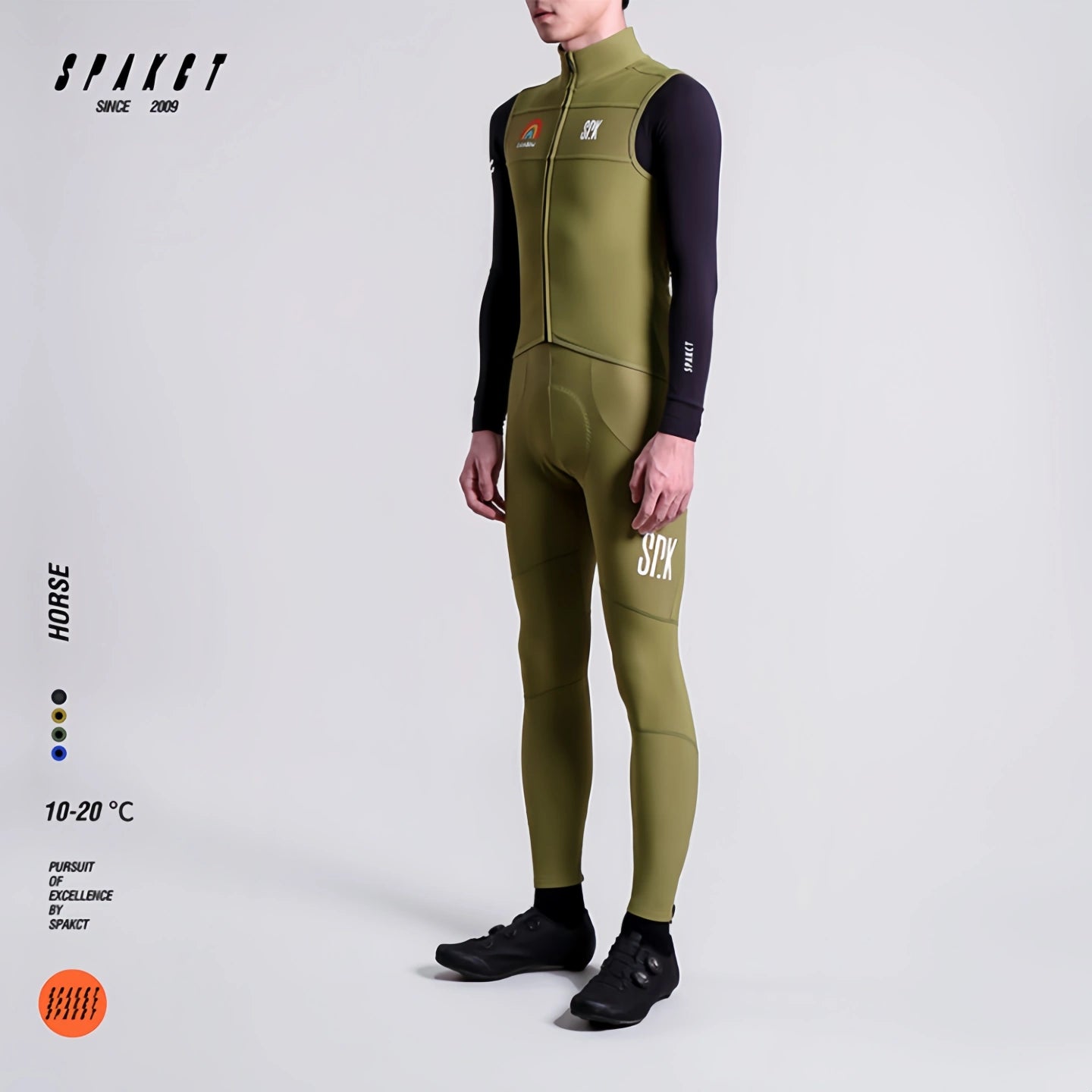 Spakct Horse men's thermal road bike bib tights in avocado green, insulated winter long pants with chamois.