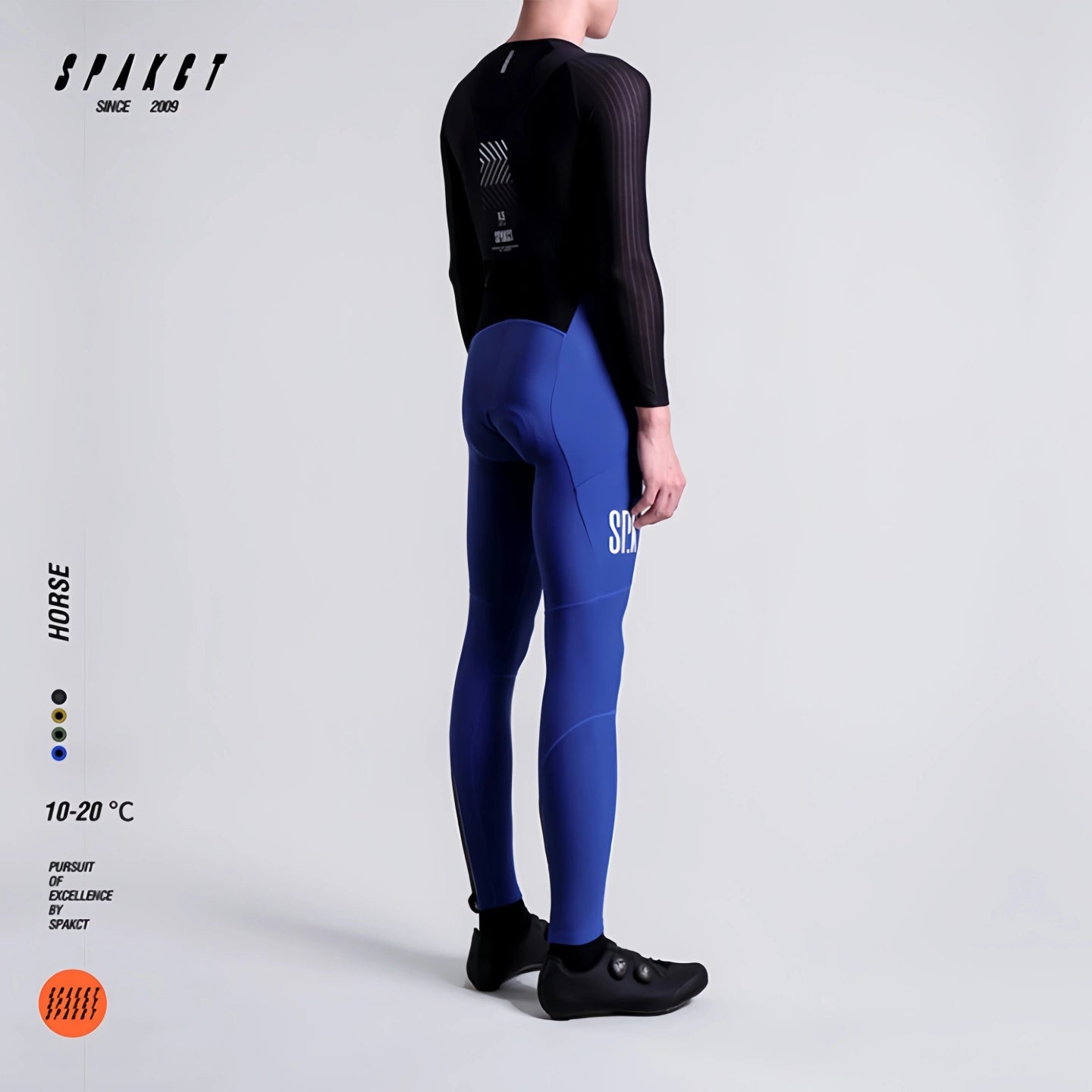 Back perspective of Spakct Horse winter bike bib tights in sonic blue, showcasing seamless waist panel construction.