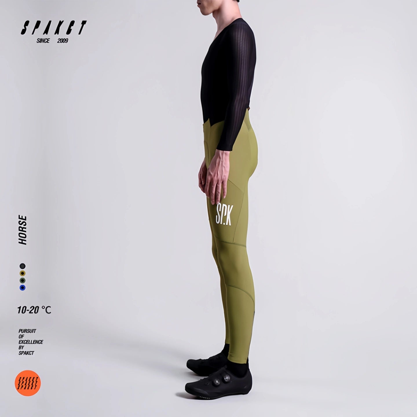 Profile perspective of Spakct Horse men's avocado green thermal bib tights, showing 3D ergonomic leg panels.
