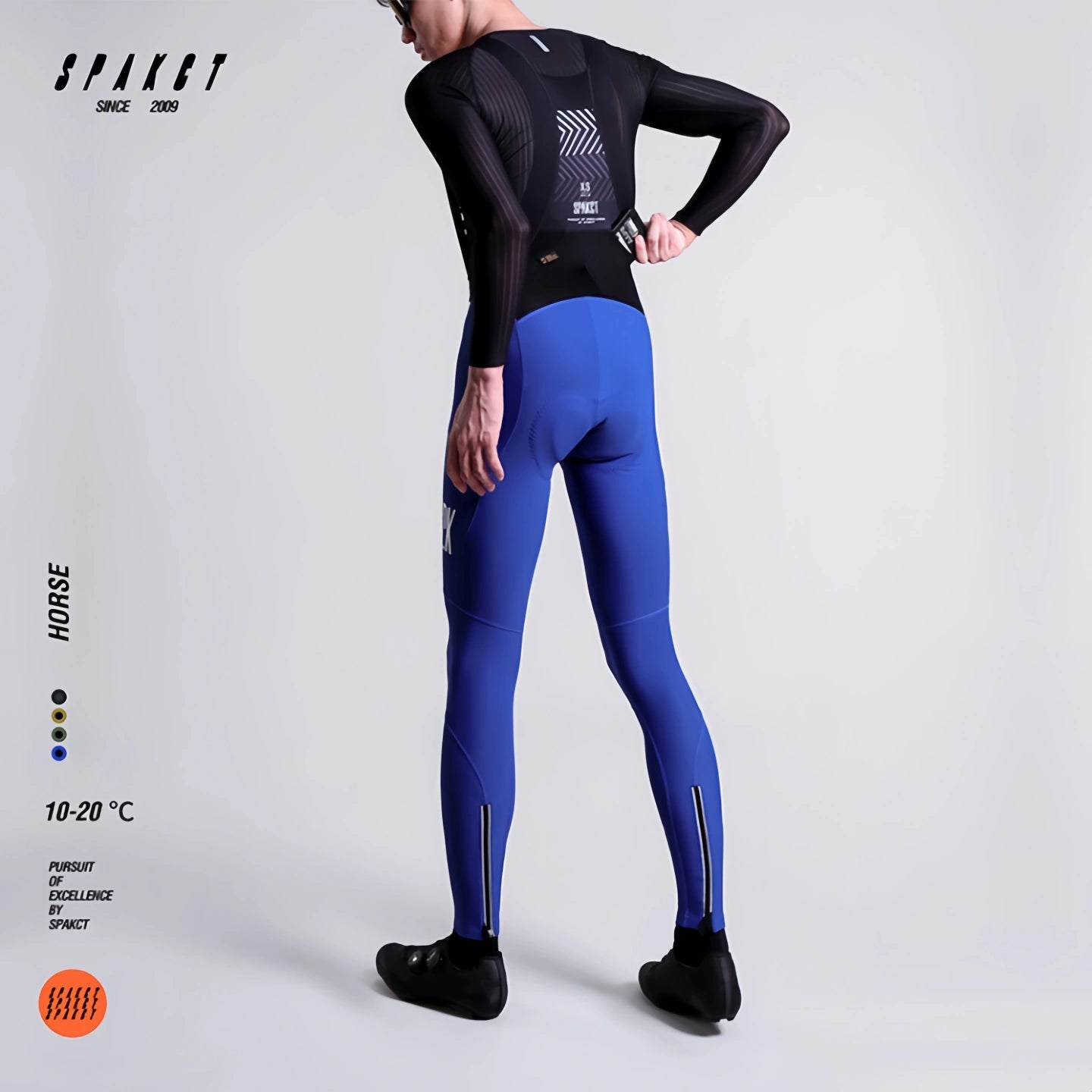 Rear side view of Spakct Horse sonic blue men's thermal cycling bibs, showing lower back mesh storage utility.