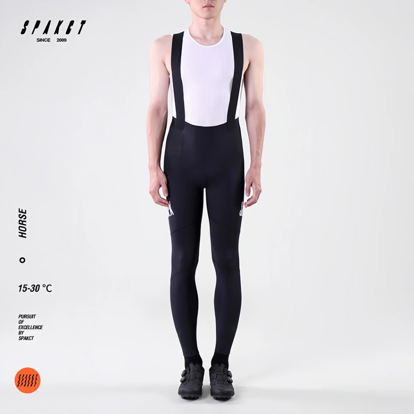 Spakct Horse men's cycling bib tights with straps, black full-length road bike padded pants for mild 15-30°C weather.