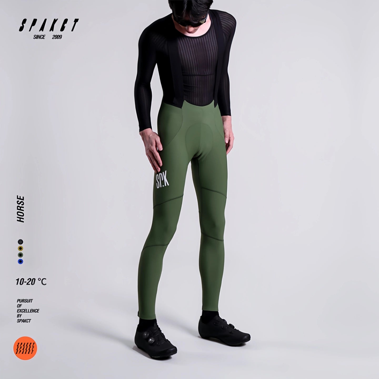Spakct Horse men's thermal cycling bib tights in olive green, winter road bike fleece padded pants.