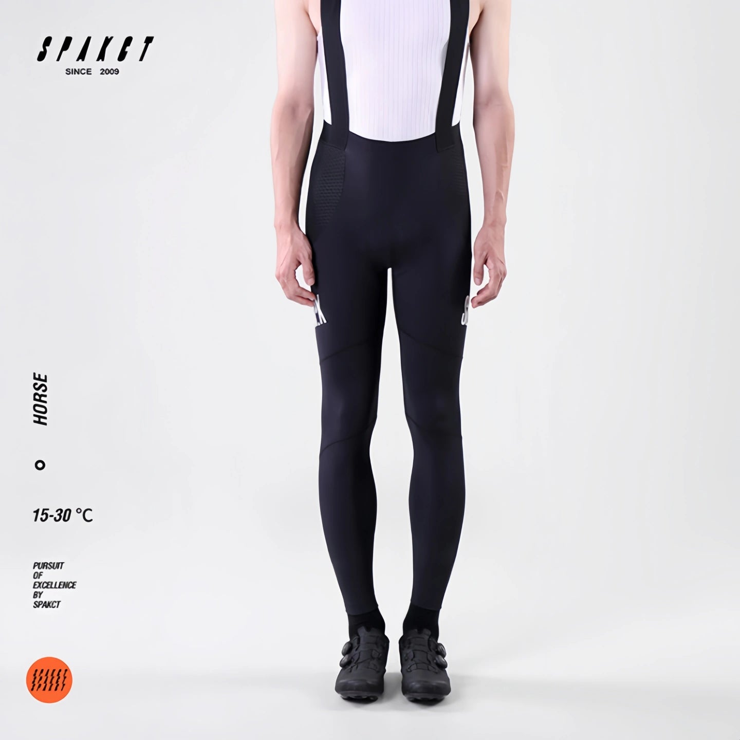Full length front perspective of Spakct Horse black cycling bib tights for men, aero fit long bike pants.