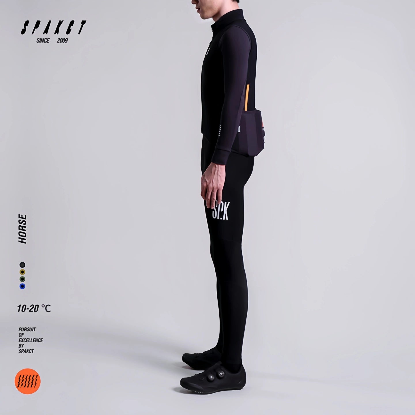 Profile view of Spakct Horse men's black thermal bib tights, showing sleek aero silhouette and leg compression.