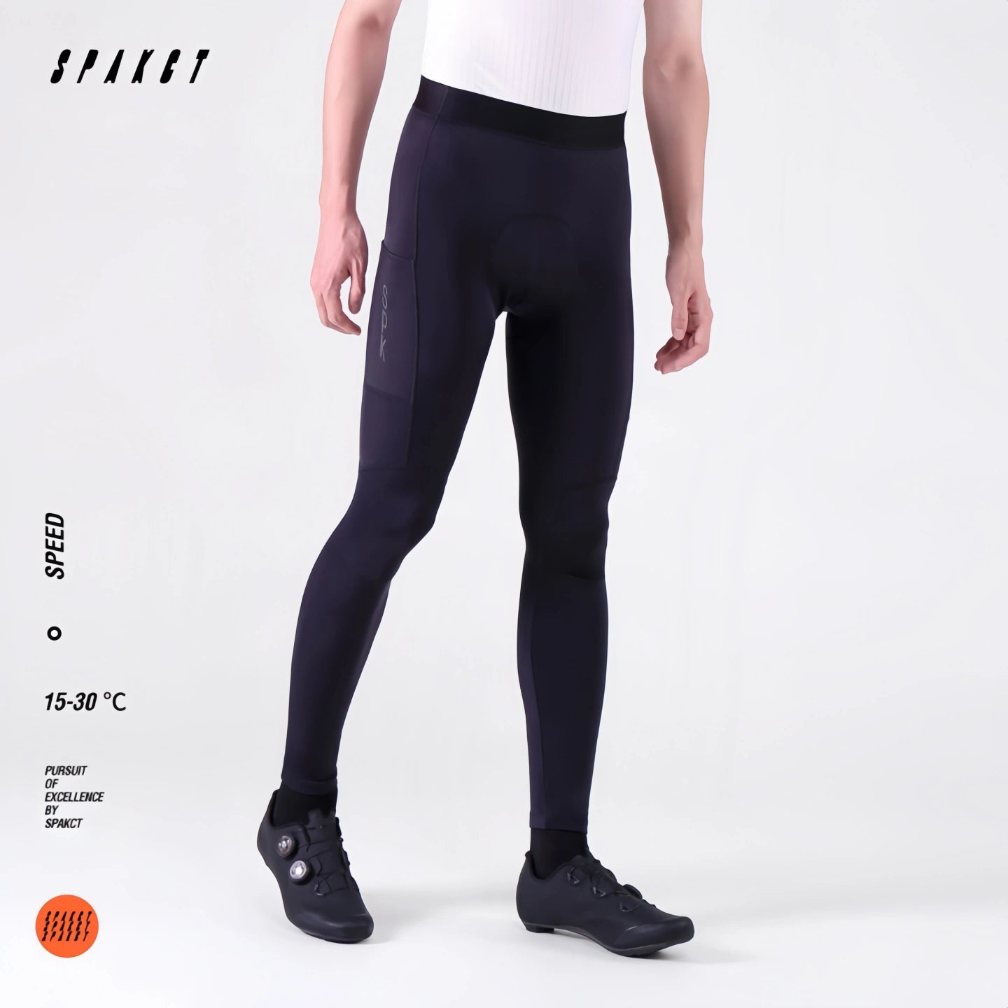 Front side view of Spakct Speed men's strapless cycling tights, showing compression leg panels and snug ankle fit.