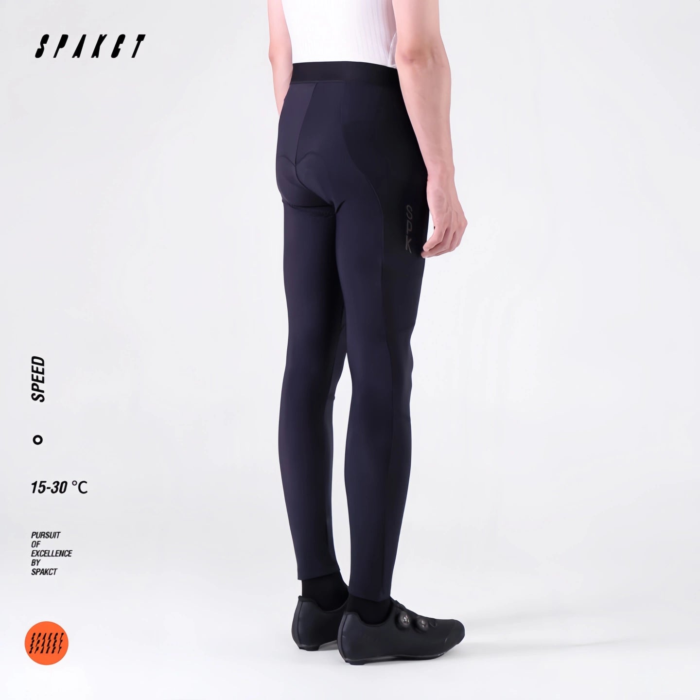 Rear side view of Spakct Speed men's long cycling tights, showing supportive back yoke and seamless waist panel.