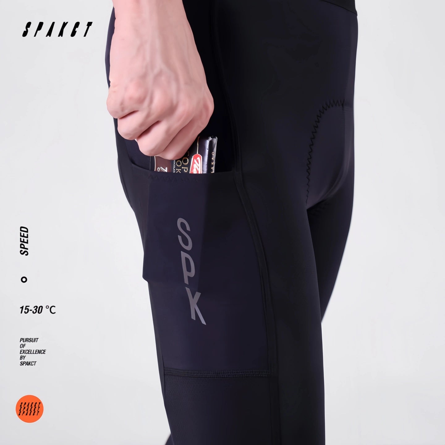 Close-up of leg side pocket on Spakct Speed men's cycling tights, showing phone and energy gel storage utility.