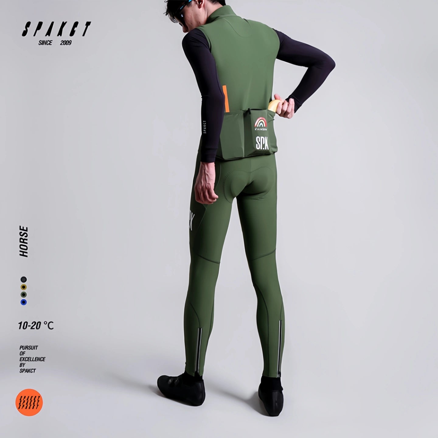 Rear side view of Spakct Horse olive green winter bib tights for men, matching with windproof cycling vest.