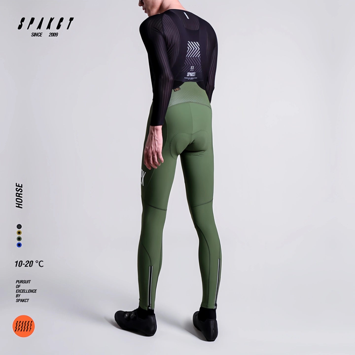 Back view of Spakct Horse men's thermal road bike bibs in olive green, showing fleece insulation and high waist.