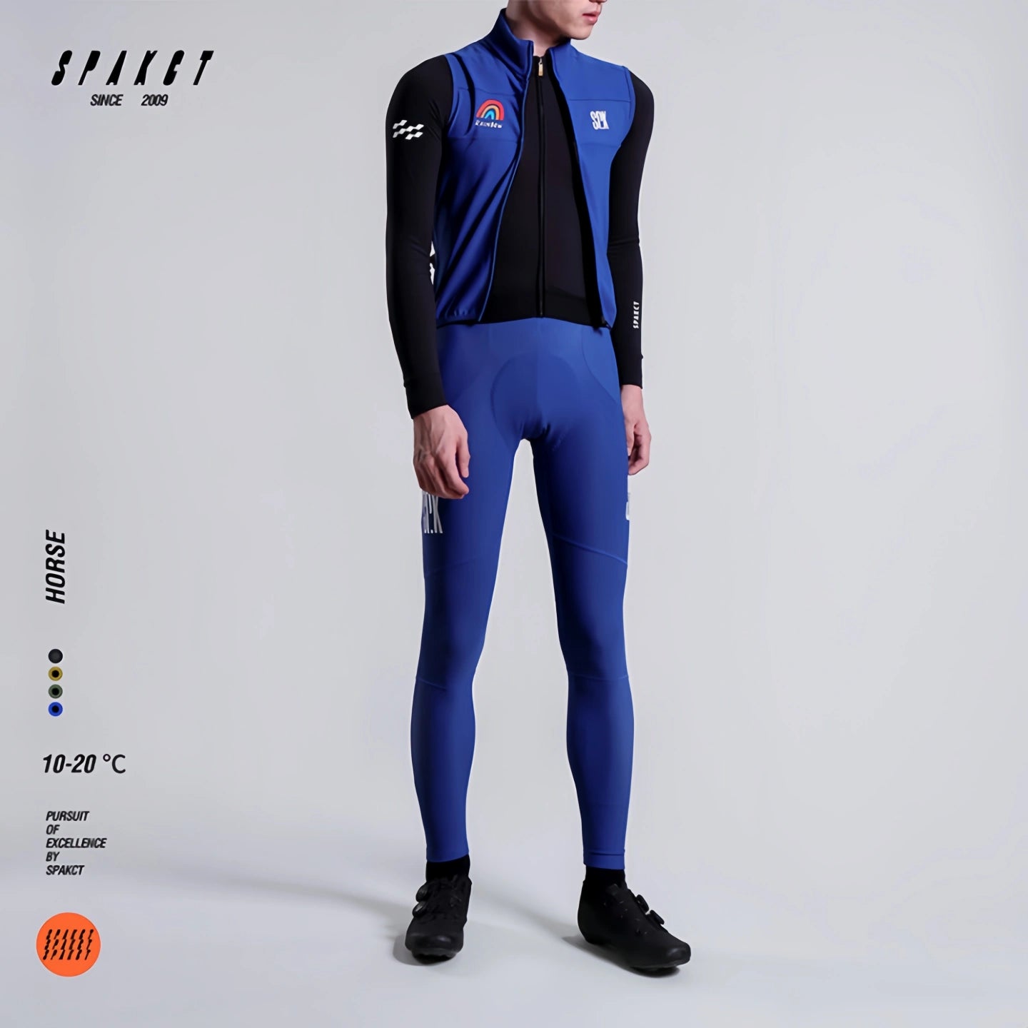 Spakct Horse men's thermal road bike bib tights in sonic blue, close-fitting winter long pants with padding.